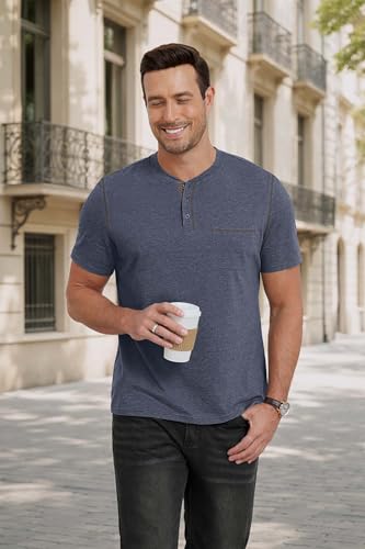 NITAGUT Mens Henley Shirts Short Sleeve Cotton Casual T-Shirts for Men Comfort Button Summer Tee with Pocket, Vg Navy Blue, XX-Large — view 4