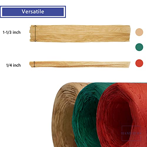 Hamuiers Raffia Ribbon For Gift Wrapping, 3 Rolls Christmas Ribbon For Craft, Packing Paper Twine Ribbon - Red Green Kraft, 1/4'' Wide, 327 Yards #TOP2