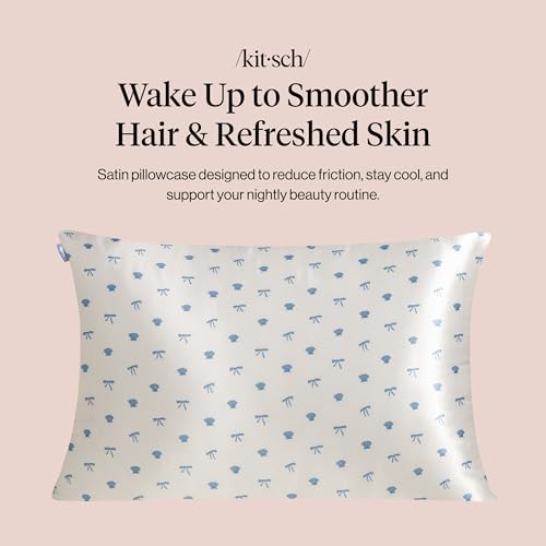 Image of Kitsch Satin Pillowcase with Zipper for Hair & Skin - Softer Than Silk Pillow Cases, Smooth Cooling Satin Pillow Case, Wrinkle-Free Pillow Cases Standard Size - Pearlized Cream & Coastal Blue Print