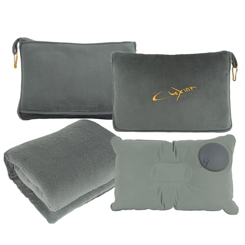 CLEXION Travel Blanket and Pillow Set for Airplane, 300 GSM Soft Fleece Compact Travel Blanket with Inflatable Pillow and Carry Bag, 60x43 Inches, Grey