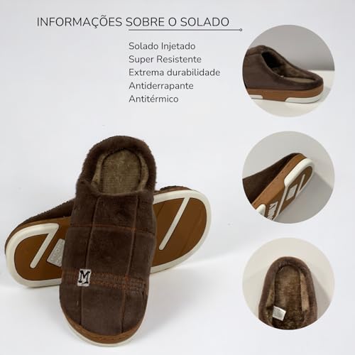 Pantufa Masculina Chinelo Adulto Pelúcia Solado Borracha Tpr (Marrom, BR, Adulto, Faixa Numérico, 38