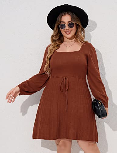 Image of Women's Plus Size Casual Sweater Dress Square Neck Long Lantern Sleeve Tie Waist Loose Pullover Sweater Dresses