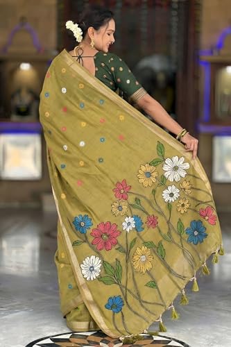 Image of SGF11 Women's Soft Cotton Linen Silk Saree With Blouse Piece