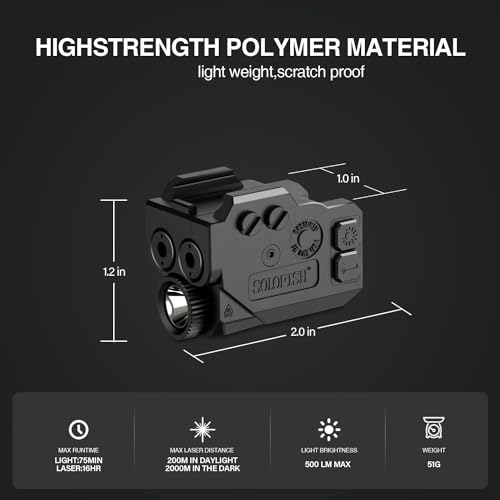 SOLOFISH 500lm Pistol Light Laser Combo with Strobe & Memory, Slidable Blue Green Laser and Gun Light Fits Compact & Full Size Rail (Laser Output is <5mW, Class IIIA) - Thumbnail 5
