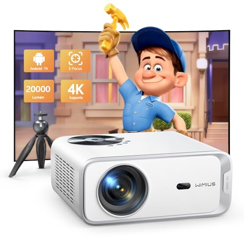 【Android TV & E-Focus】Proiettore 4K Supporta, 20000 Lumen WiFi Bluetooth Videoproiettore 1080P Full HD, WiMiUS Proiettore con APP Integrate Auto Keystone per Home Cinema [Fornito con Treppiede]