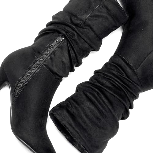 DREAM PAIRS Women's High Heel Mid Calf Boots Slouchy Pointed Toe Fall Boots,Size 8,Black/Suede,KIMLY