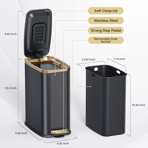Ceroelda CS203-B Small Bathroom Trash Can With Lid Soft Close-5L/1.3 Gal Slim Garbage Can-Metal Step Wastebasket-Rectangle Narrow Waste Bin thumb #5
