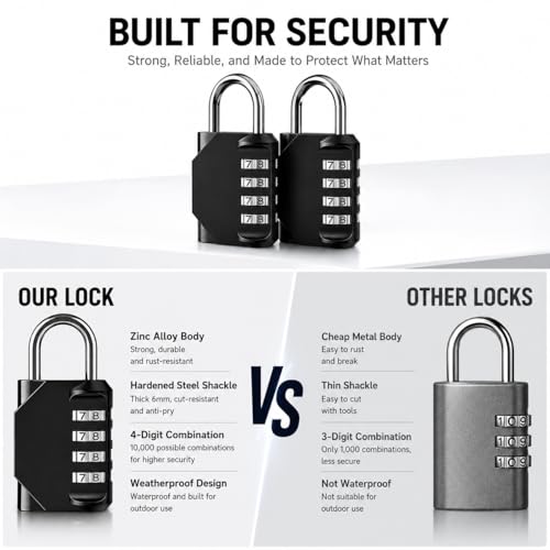 Image of 4 Digit Combination Padlocks, Long Shackle Resettable Security Locks, Weatherproof Zinc Alloy Body, Heavy Duty Lock for School Lockers, Gym Lockers, Gates, Fences, Storage Units & Luggage (3 Pack)