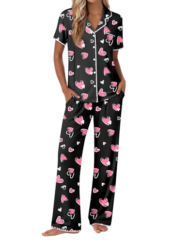 Image of Ekouaer Pajamas for Women Set Button Up Soft Pjs Short Sleeve 2 Piece Lounge Sets Comfy Sleepwear