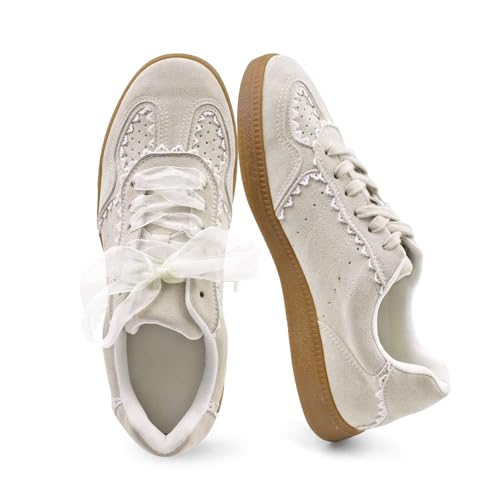 Women's Lace Detail Lace-Up Casual Sneakers - Elegant Ribbon Ribbon Lace Walking Shoes Non-Slip Sole Breathable Comfort for Daily Outfits