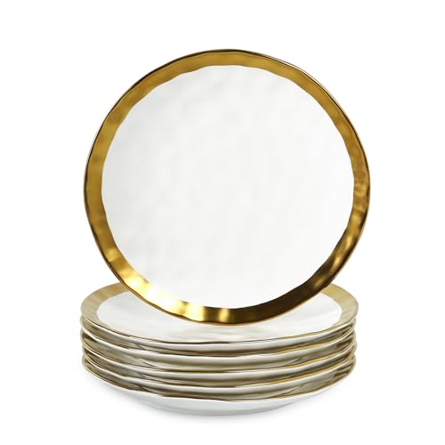vicrays Ceramic Dinner Plates Set, 10 Inch, Set of 6, Round, Dishwasher Safe, NOT Microwave Safe, Suitable for Steak, Pasta, Home, Party, Restaurant（White with Golden）
