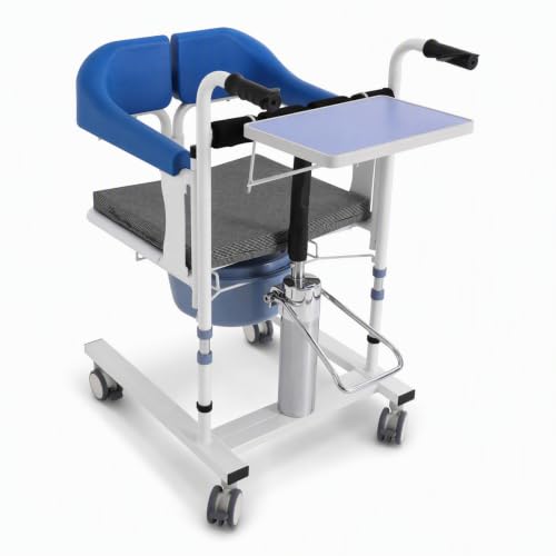 Begoniape Silla hidráulica elevadora de pacientes, silla de transferencia multifuncional con altura ajustable de 42 a 60 cm, asiento dividido de 180°, para familias, hogares de ancianos (azul)