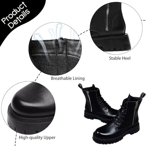 Men's Black Leather Platform Combat Boots with Side Zipper Classic Lace Up Non-slip Lug Sole Chunky Heel Motorcycle Booties Punk Biker Chukka Boots3
