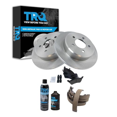Image of TRQ Rear Brake Pad & Rotor Kit, with Chemical Kit Parking Brake Shoe Set Semi-Metallic Compatible with 2001-2007 Chrysler Town & Country Dodge Caravan Grand Caravan