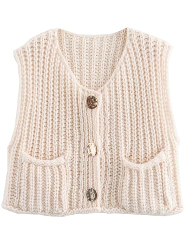 YKR Womens Chunky Knit Sweater Vest Sleeveless Button Down Cropped Cardigan Casual Knitted Crochet Vest with Pockets