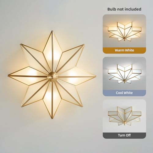 Image of Star Brass Ceiling Light - 19.7 In Large Gold Milk Glass Flush Mount