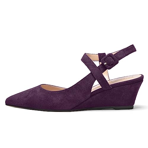ROSERWISH Womens Buckle Ankle Strap Wedding Suede Fashion Elegant Pointed Toe Wedge Low Heel Pumps Dress Shoes 2 Inch2