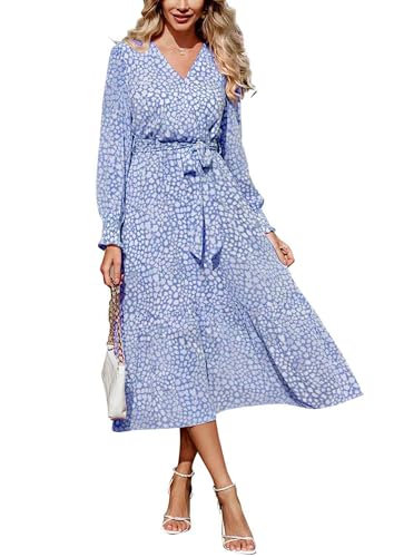 Image of PRETTYGARDEN Women's Floral Boho Dress Fall Long Sleeve Wrap V Neck Ruffle Flowy Maxi Spring Wedding Guest Vacation Dresses