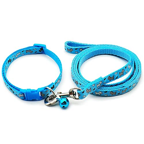 Small Dog Puppy Pet Collar and Lead Set Scotty Dogprint Design Nylon Adjustable Size 19-32cm Collar with Bell and 120cm Leash Blue - Image 2