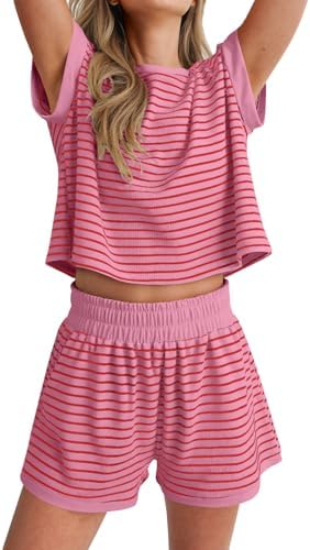 ANRABESS Womens 2 Piece Ribbed Striped Knit Pajama Set, Short Sle...