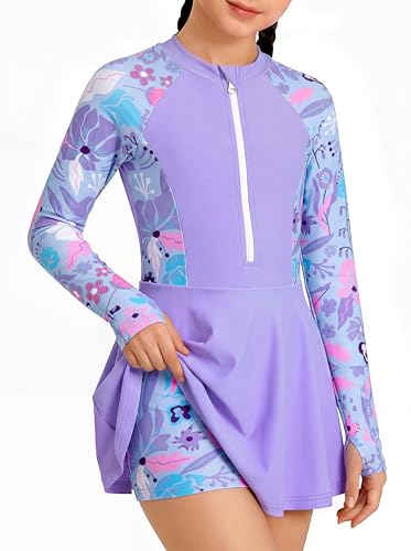 Image of HOZIY Girls Long Sleeve Swimsuit Two Piece Rash Guard Dress with Swim Shorts Front Zip for Kids Tween Teens UPF 50+