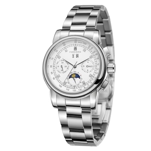 Image of FORSINING Women Automatic Watch Self Winding Calendar Retro Multi-Dial Lady Moon Phase Wrist Watch with Stainless Steel Bracelet (White)