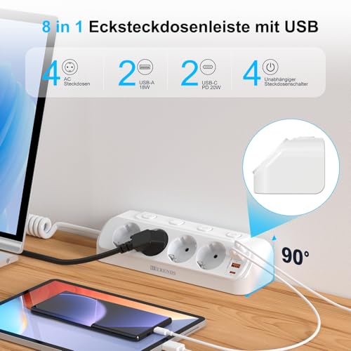 Gniazdo stołowe, biurko z USB C PD 20 W, listwa zasilająca z 4 pojedynczymi przełącznikami, 4 gniazda narożne, montaż na ścianie z drutem sprężynowym, kabel 2 m, ochrona przed przepięciem, białe