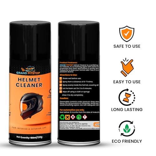 Image of GRAND PITSTOP Helmet Cleaner Spray 160 ml | Antibacterial Foaming Helmet Interior Cleaner | Odor Remover | Safe for Skin & Hair | Deep Cleans Helmet Padding & Liner