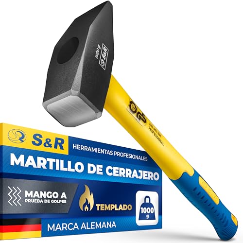 S&R Martillo de instalador - Cabeza de 1000 g - mango doblemente curvado y antideslizante de fibra de vidrio robusta - amortiguador y fácil de manejar