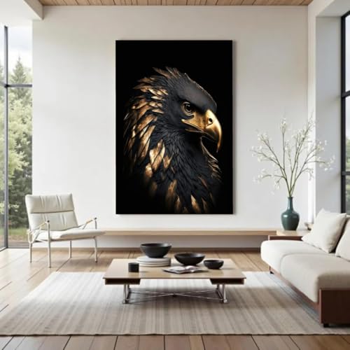 Toile portrait d'aigle 30x40cm pour mur vide plumes dorees