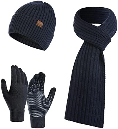 Uaben 3Pcs Mens Winter Hat Scarf with Touchscreen Gloves,Mens Hat Scarf Gloves Set Winter Hat Knitted Hat Mens Winter Knitted Gloves Knitted Scarf for winter outdoor activities