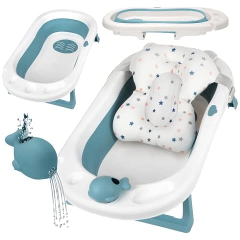 Primabobo Faltbare klappbare Badewanne für Babys im Alter von 0-36 Monaten, Neugeborenenwanne mit rutschfesten Füßen, Ergonomischem Kissen und Kopfsprinkler Cover