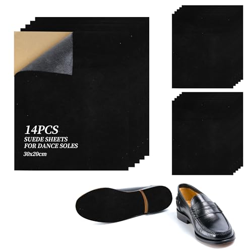 14Pcs Stick-on Faux Suede Soles for Dance Shoes, 11.8”x8.3” Black Suede Sheets，Friction-reducing to Easy Rotation and Sliding on Indoor Floors, Self Adhesive Replacement High Heeled Shoes