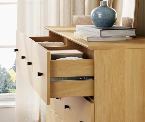 Image of WAMPAT Bedroom Dresser with 6 Drawers, Modern Chest of Drawers with Black Knobs, Wide Oak Wood Finish Storage Organizer for Kids Room, Living Room, Nursery, 47.2x15.5x32.4