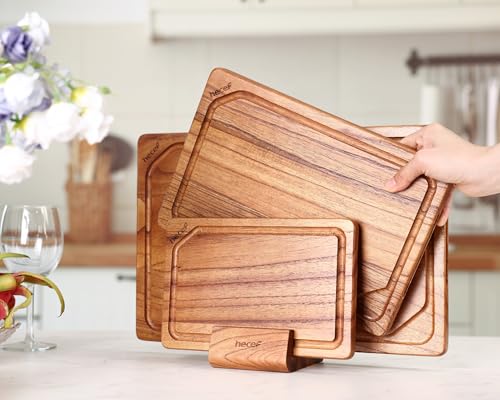 Miniatura 8 de Hecef Juego De Tablas De Cortar De Madera Con Soporte, Reversibles Para Cortar Y Servir, Con Ranuras Antigoteo Y Asas Integradas, Set De 3 Para Carne, Pescado, Verduras, Pan, Embutidos Y Quesos