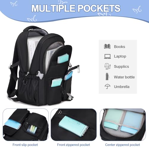 3PCS Girls Backpack for School, Kids Backpack for Girls with Lunch Bag Pencil Case, Kids Bookbag Teen Girl Backpacks for Elementary Middle High College School (Black)3