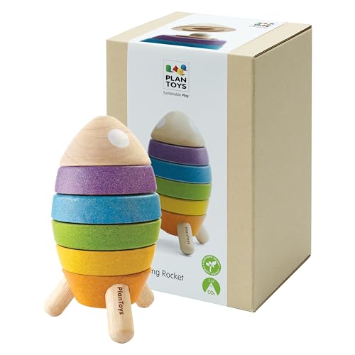 Image of PlanToys Wooden Stacking Rocket Toy for Toddlers | Montessori Educational STEM Learning Toy | Colorful Wooden Rocket Ship Stacker for Fine Motor Skills, Problem Solving, Preschool Gift