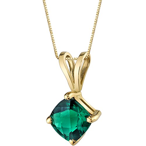 PEORA 14K Yellow Gold Created Emerald Pendant for Women, Classic Solitaire, 0.75 Carat, Cushion Cut, 6mm, AAA Grade, Green Emerald Jewelry, May Birthstone, w/Jewelry Box