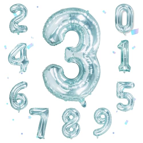 Ovanda Geburtstagsdeko 3 Jahre Junge, Kristallblau 3 Stehende XXL Riesen Folienballon Geburtstagsdeko, Deko 3. Geburtstag Junge, Geburtstag 3 Jahre Junges, Luftballon 3 Jahres