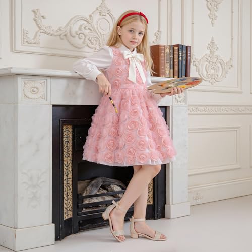 Image of Dufannie Girls Sandals Low Heels Dress Pump Ankle Strap Open Toe Flower Girl Wedding Party for Toddler Little Big Kid