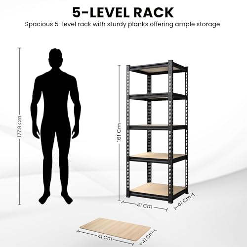 Image of Robustt 5-Tier Multipurpose Storage Rack | Bolt-Free Assembly | Metal Stand With Thick MDF Board | 175kg Capacity Per Shelf | 63 x 16 x 16 IN Adjustable Shelf Rack for Home, Garage & Shop | Black