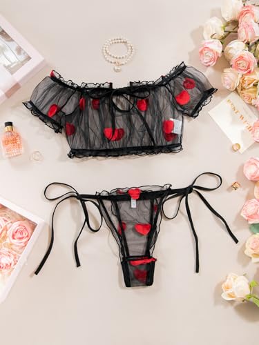 Image of Lilosy Sexy Stretch Ruffle Tie Sheer Mesh Lingerie Set Outfits