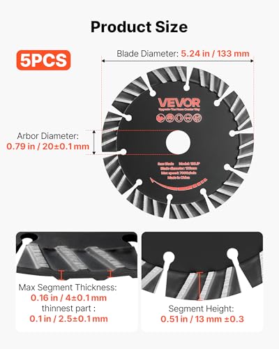 Image of VEVOR Diamond Blades 5.24 inch, 5-Pack Wall Chaser Saw Blade Cutting Blade, 0.79 in Arbor, High-Hardness Diamond Segments, 65Mn Steel Core, Dry Wet Cutting, Clean Edges for Concrete Brick Stone Cement