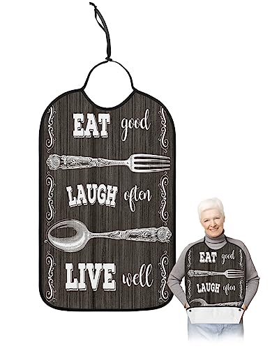Vintage Fork and Spoon Adult Bibs for Eating, Waterproof Bibs with Food Catcher & Adjustable Snap Closure, Motto Eat Good Laugh Often Live Well Black Wood Clothing Protectors Adult Bibs for Elderly