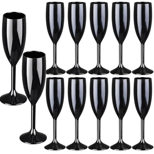 12pcs Black Champagne Flutes 6OZ Acrylic Champagne Glasses Plastic Goblets Wine Mimosa Glasses Wedding Toasting Shatterproof Reusable Vintage Champagne Flute Drinking Cups for Bridal Christmas Party