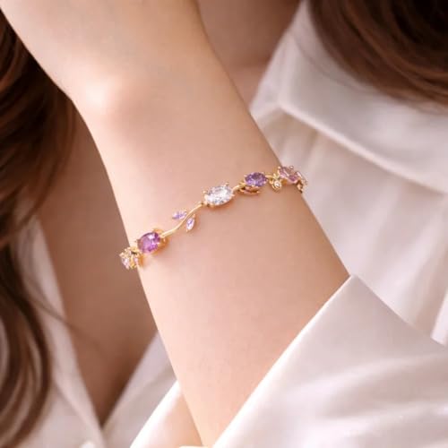 Image of Inites - Anti Tarnish Fairy Bloom Floral Tulip Bracelet With Multi Crystal Stones For Women & Girls | Elegant Floral Branches Golden Chain Link Bracelet Lightweight Jewelry For Daily Wear & Gifts