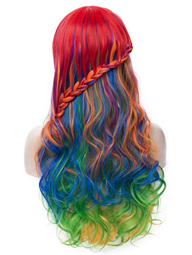 Alacos Rainbow Color Long Curly Gothic Lolita Harajuku Anime Cosplay Christmas Costume Wig for Women +Free Wig Cap (Ombre Colored Braid)