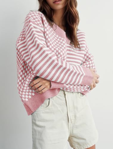 Image of UNCLECAT Womens Striped Checkered Sweater V Neck Fall Trendy Pullover Tops