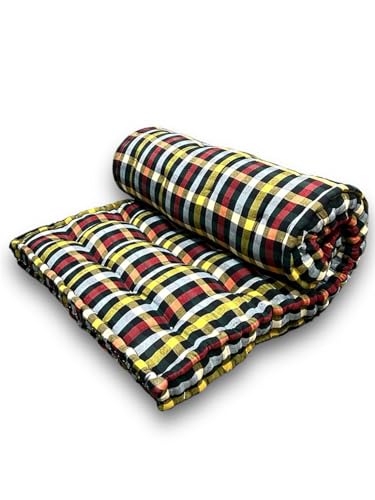 Image of ATOOTFUSION Small Single 5-Inch Thick Cotton Box Quilt Toshak Mattress | Medium Firm | Foldable & Reversible | White and Black Checkered Design | 72x30x5 Inches