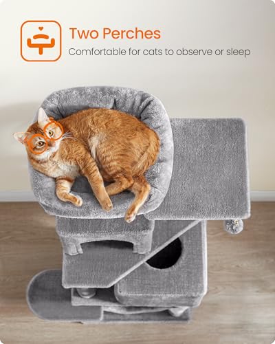 Image of Feandrea Cat Tree, 59.5-Inch Tall Cat Tower, Plush Multi-Level Condo with 5 Scratching Posts, 2 Perches, 2 Caves, Hammock, 2 Pompoms, Light Gray UPCT192W01